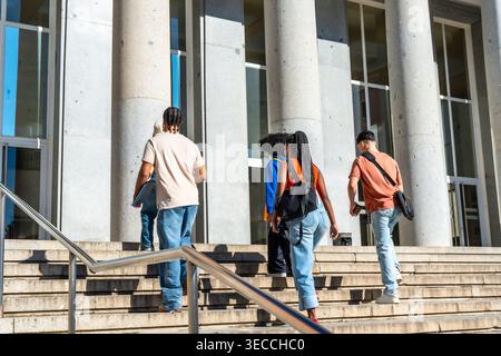Diverse students walking up stairs on university campus Stock Photo