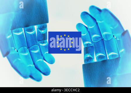 Conceptual image of European Union AI Act, featuring robotic hand touching EU flag, representing innovation, control, ethics, and digital transformati Stock Photo