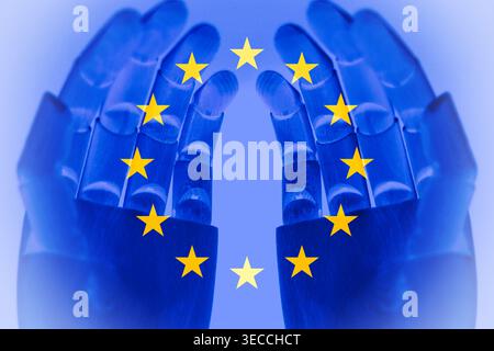 Symbolic illustration of artificial intelligence law in Europe, featuring robotic hand and EU flag representing digital regulation, innovation, and te Stock Photo