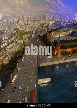 Moscow, Russia - October 23 2021: Miniature Moscow city with Kremlin wall, river embankment and traffic at night Stock Photo