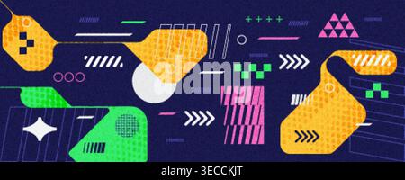 Futuristic Abstract Background with Neon Geometric Shapes, Halftone Patterns and Textured Effects Stock Vector