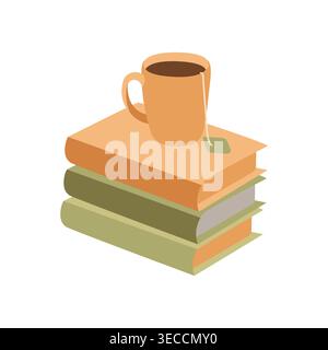 Hand-drawn cozy autumn illustration of books and tea for book lovers, book club, packaging and fall vibes cozy projects Stock Vector