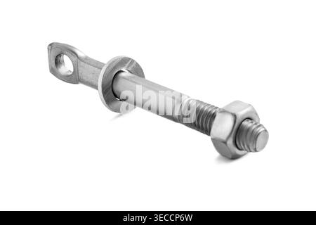 Steel anchor bolt with a nut lying on white background Stock Photo