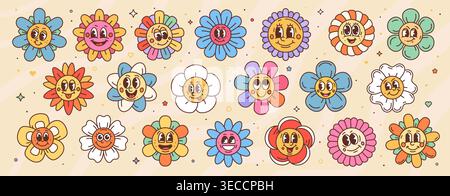 Cartoon cute groovy vector daisy flower chamomiles Stock Vector