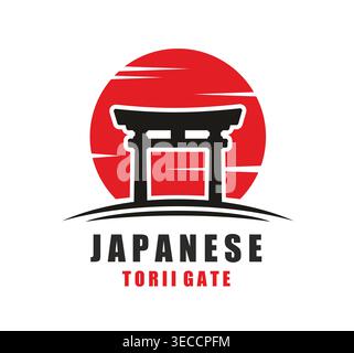 Japanese temple torii gate silhouette and sun icon Stock Vector