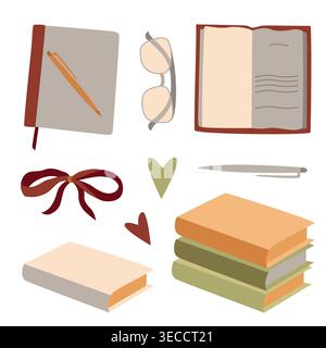 Hand-drawn cozy autumn illustration of books, pen, bow, reading glasses, copybook for back to school and fall vibes cozy projects Stock Vector