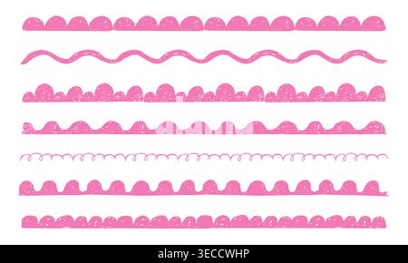 Scribble scalloped border simple divider ornament edge cutout decoration chalk or crayon texture. Wavy edge frames brush, dividers. Vector illustration Stock Vector