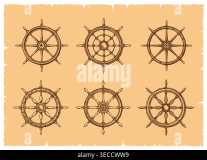 Ship steering wheels, rudders and helm sketches Stock Vector