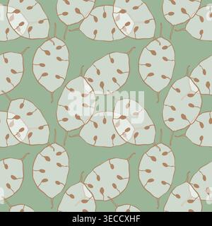 Boho seamless pattern with abstract lunaria seed pods and organic shapes. Hand-drawn botanical illustration in sage green and terracotta for nursery d Stock Vector
