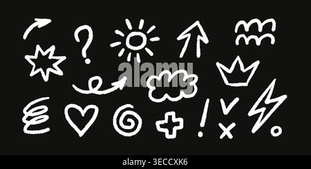 Crayon chalk pencil line elements set. Doodle cute sun and cloud. Sketch arrow and heart. Marker lightning. Kid crayon drawing. Vector illustration Stock Vector