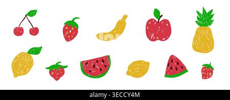 Fruit icons chalk hand drawn doodle set childlike cherry, strawberry crayon texture. Scribble apple, watermelon and lemon grunge simple fruits. Pop art funky cute for children drawing style elements. Vector illustration Stock Vector