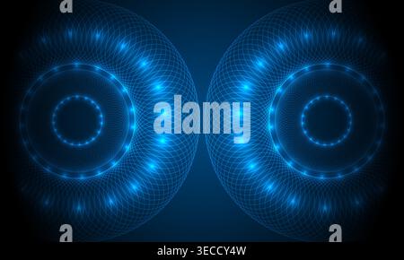 Glowing blue dual radial rings on blue abstract background. Vibrant twin circles form luminous technology interface with neon pulses. Layered circuit Stock Vector