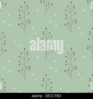 minimalist seamless pattern with delicate dark twigs and light seeds on sage green background, botanical nature illustration for eco-friendly packagin Stock Vector