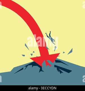 Flat vector illustration showing a sharp downward arrow crashing with a falling businessman, symbolizing financial loss, risk, failure, and economic d Stock Vector