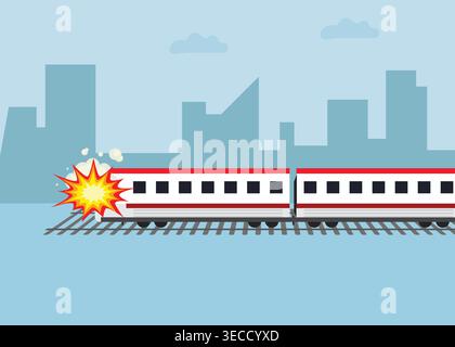 Flat vector illustration of a train crash on railway tracks in a city, showing impact explosion and accident scene, symbolizing transport risk and saf Stock Vector