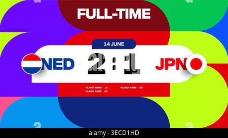 Netherlands vs Japan Football Match Displaying Full-Time Score and Results for an Exciting Tournament 2026 Broadcast.. Stock Vector