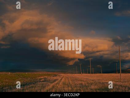 Dry golden grass field and utility poles extend into the distance under a vast, dark sky with vibrant orange storm clouds at sunset Stock Photo