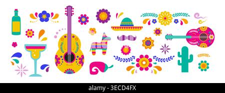Cinco de Mayo Mexican holiday celebration. Hand-drawn fiesta decorative elements and symbols collection. Mexico icons set. Stock Vector