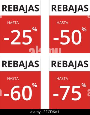 Red rebajas with different percents banners on a white background (trad. sale) Stock Vector
