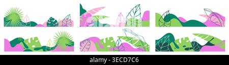 Tropical leaves frame summer background border and frame. Colorful modern botanical border. Abstract flat vector illustration of exotic jungle foliage Stock Vector