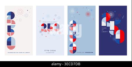 Set of United States of America 250th anniversary celebration posters and banners. Happy 4th of July USA Independence Day cards and invitations. Stock Vector