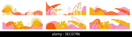Tropical leaves frame summer background border and frame. Colorful modern botanical border. Abstract flat vector illustration of exotic jungle foliage Stock Vector