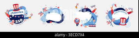 Set of United States of America 250th anniversary celebration badges. Happy 4th of July USA Independence Day graphic elements in modern bold style Stock Vector