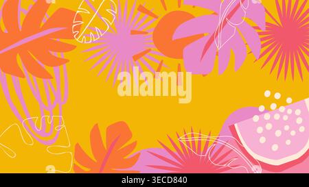 Colorful summer background - horizontal layout banner design. Tropical leaves template for poster, flyer or greeting card. Stock Vector