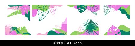 Tropical leaves frame summer background border and frame. Colorful modern botanical border. Abstract flat illustration of exotic jungle foliage. Stock Vector