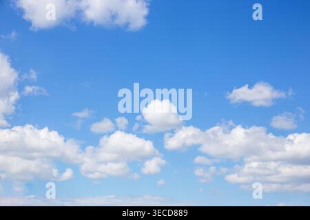 Vibrant blue sky filled with many white fluffy cumulus clouds. Nature, weather, sky background Stock Photo