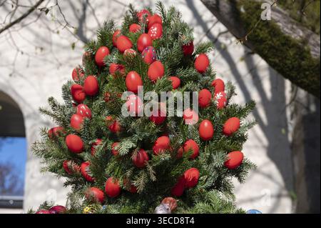 Red colored chicken eggs on an Easter bouquet at an Easter fountain, tradition in Franconia, Kirchruesselbach, Middle Franconia, Bavaria, Germany Stock Photo