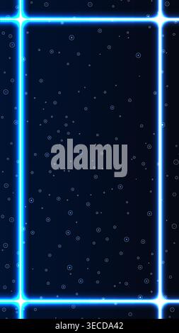 Abstract futuristic background featuring a bright blue neon glowing frame and shimmering stardust on black Stock Vector