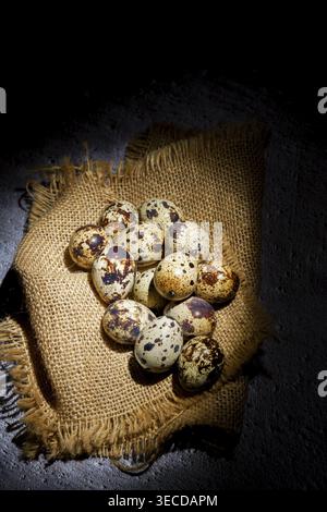 Quail eggs resting on a rustic burlap cloth, showcasing natural speckled patterns against a dark, contrasting background Stock Photo