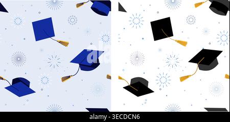 Minimalist Graduation Seamless Patterns Set. Flat Vector Illustrations with Blue and Black Mortarboards and Fireworks. Vector Illustration Stock Vector
