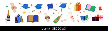 Graduation Icon Set and Decorative Border. Flat Vector Elements of Mortarboards, Diplomas, Books, Champagne, Confetti and Horizontal Strip. Stock Vector