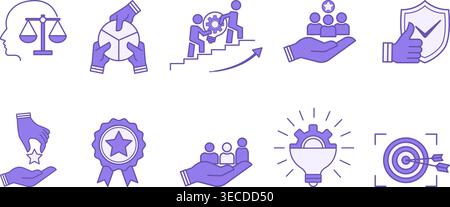 Colored Set of Core Values Icons. Vector Icons Commitment, Innovation, Customers, Teamwork, Honesty, Goals, Responsibility, Reliability, and More Stock Vector