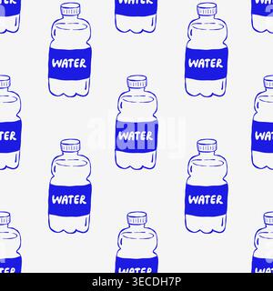 Repeating blue outline water bottles on light gray background. Simple line art style, no people or emotions shown. Ideal for health, hydration, or eco Stock Vector