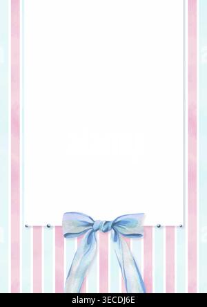 Watercolor illustration of a decorative bow with ribbon on a striped pastel background. Cute frame for greeting card design with empty paper space for Stock Vector