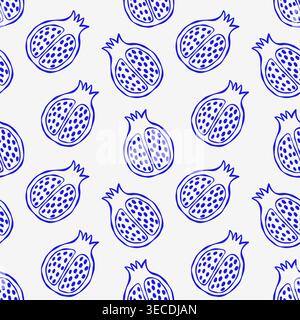 Blue line art shows sliced pomegranates on light gray background. Pattern repeats evenly across image. Ideal for textile, packaging, or holiday-themed Stock Vector