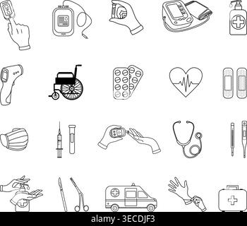 Set of Medical Items for Coloring Pages. Syringe, Test Tube, Tonometer, Mask, Thermometers, Tablets, Antiseptic, Glucometer, Pulse Oximeter, and More Stock Vector