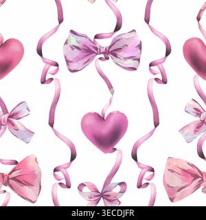 Watercolor seamless pattern with pink silk ribbons, bows and hearts. Cute decorative girly background for greeting card, gift wrapping, fabric Stock Vector
