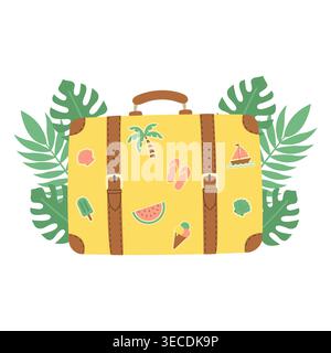 Isolated travel suitcase with stickers on white background vector illustration. Stock Vector