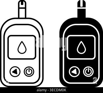 Medical Glucometer Icons. Black and White Icons. Blood Sugar Monitoring System. Medical Equipment for Diabetes Diagnostics. Vector illustration Stock Vector