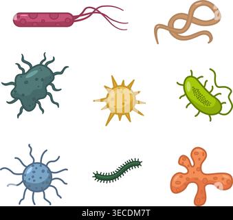 Set of Bacteria and Microbes. Vector Illustration of Viruses Causing Various Diseases. Medicine concept Stock Vector