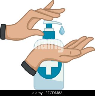 Washing Hands with Disinfectant Liquid Soap. Hygienic Procedure, Disease Prevention. Antiseptic. Vector illustration Stock Vector