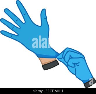 Hands in Sterile Medical Gloves. Blue Protective Rubber or Latex Doctors Hand Clothing, Disposable Antibacterial Virus Protection Gloves. Vector illus Stock Vector