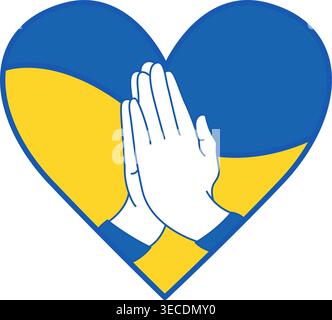 Hands Folded in Prayer on a Blue and Yellow Heart Background. Support for Ukraine. Ukrainian Flag. Vector illustration Stock Vector