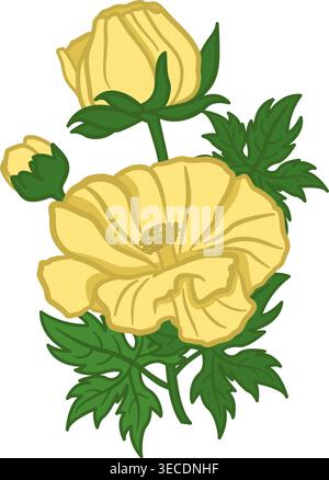 Buttercup flowers. Vector Illustration of Beautiful Yellow Flowers. Floral Design for Printing on Clothes, Cards, Wedding Invitations, Congratulations Stock Vector