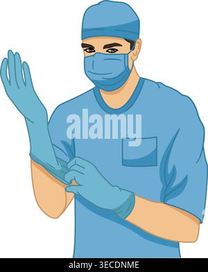 Doctor Preparing for Operation. Vector Illustration of a Surgeon in a Sterile Suit, Protective Mask, and Rubber Gloves. Medicine Concept Stock Vector