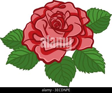 Red Rose Flower. Vector Illustration of a Beautiful Rose with Green Leaves. Floral Design for Printing on Clothes, Cards, Wedding Invitations, Congrat Stock Vector